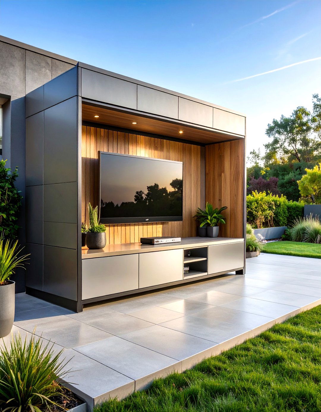 The Sleek Stainless Steel Weatherproof Box - 30 diy outdoor tv ideas