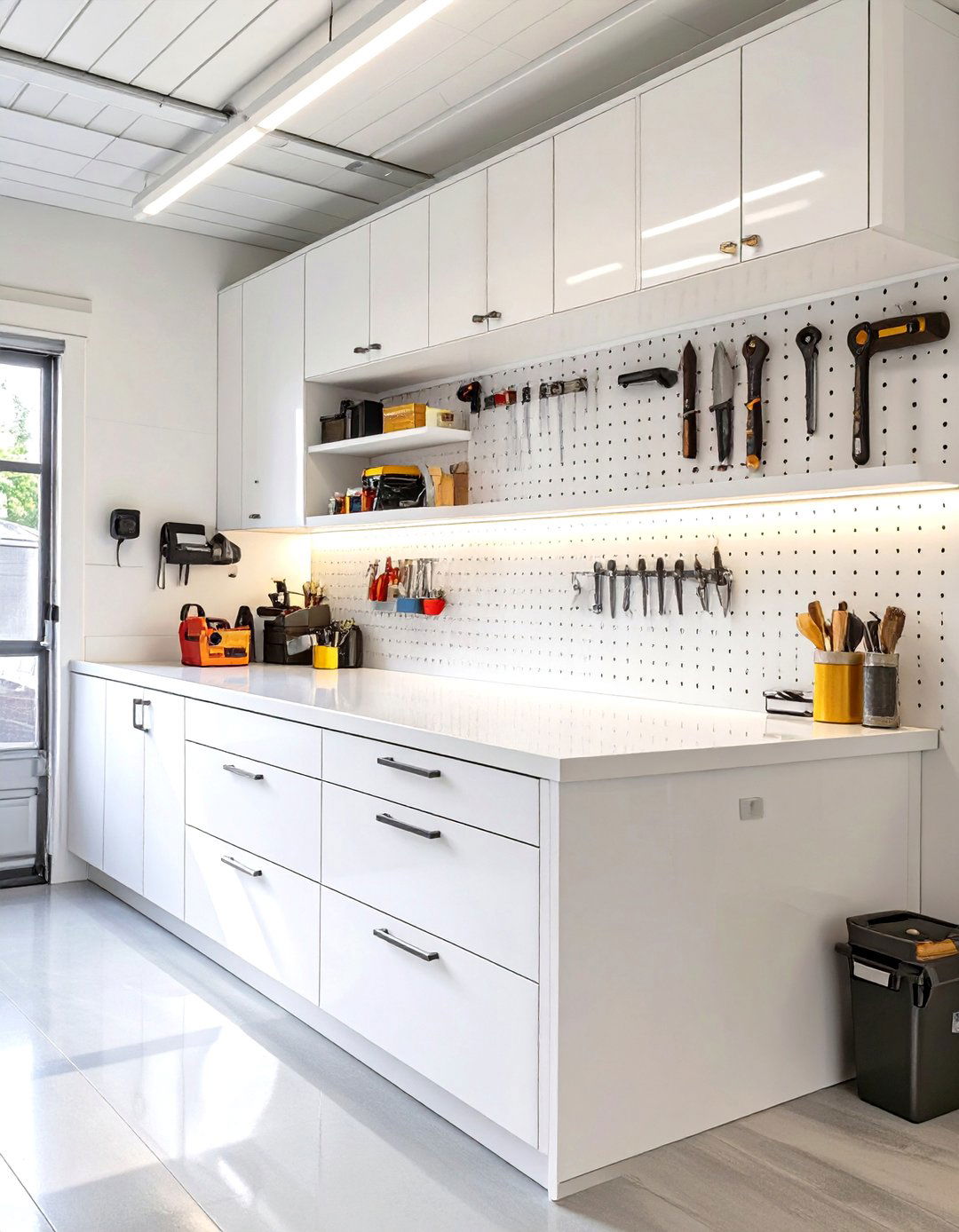 The Sleek and Clean All White Garage Workbench - 30 cool garage workbench ideas