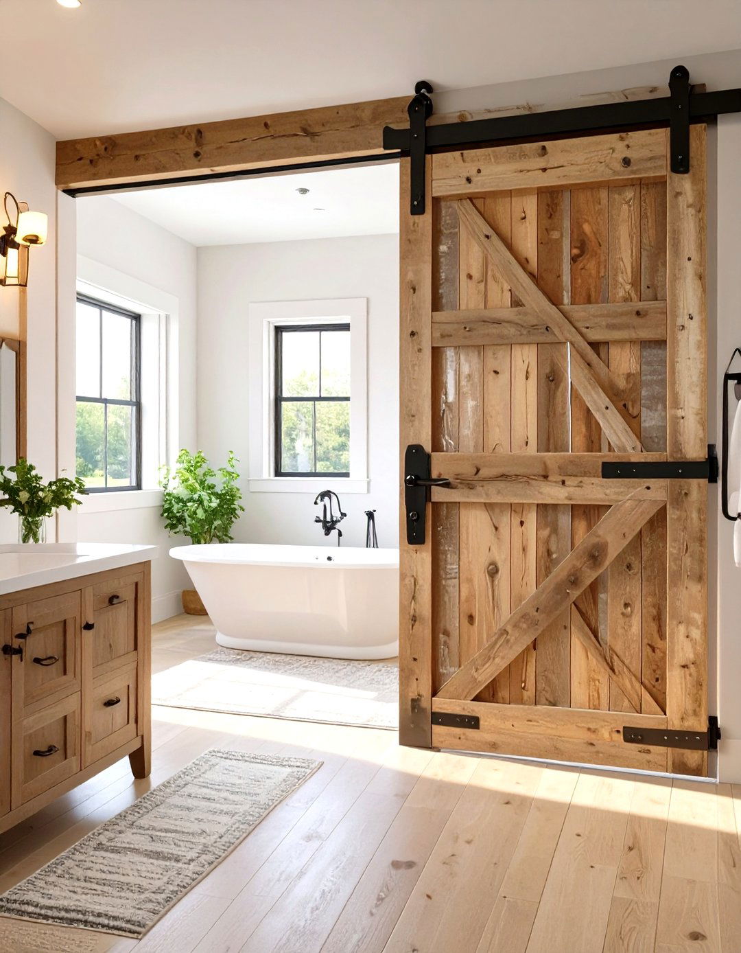 The Sliding Barn Door Entrance - 30 farmhouse bathroom decor ideas