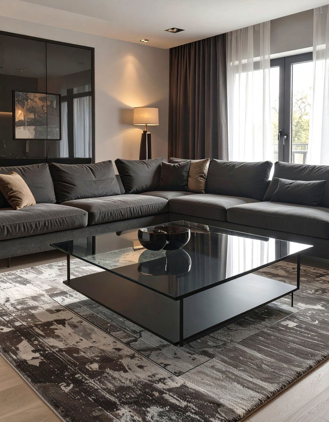 The Smoky Glass and Metal Living Room - 30 moody living room ideas