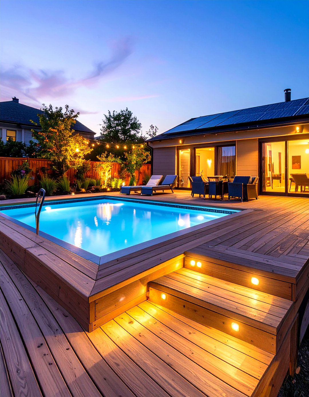 The Solar Light Accented Deck - 30 diy above ground pool deck ideas on a budget