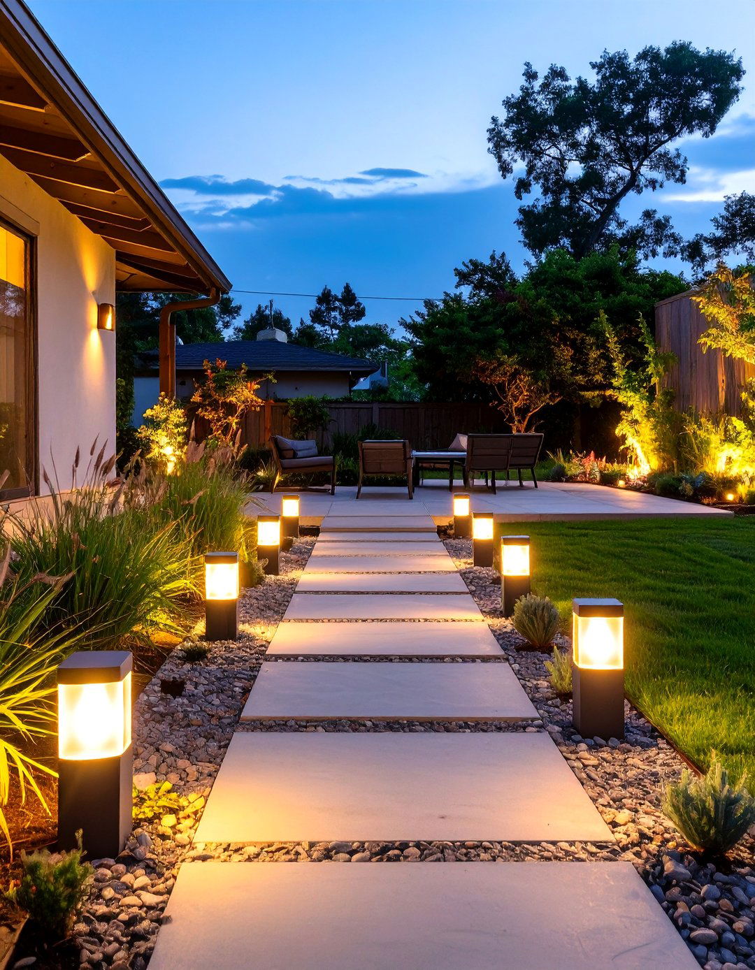 The Solar Light Pathway Patio - 30 backyard patio ideas on a budget
