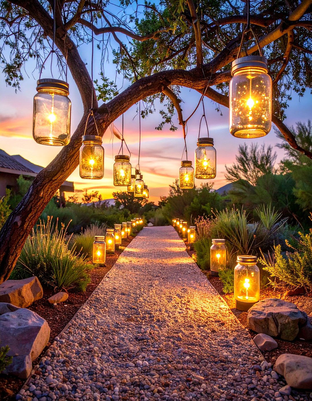 The Solar Powered Mason Jar Lighting Path - 30 arizona backyard ideas on a budget