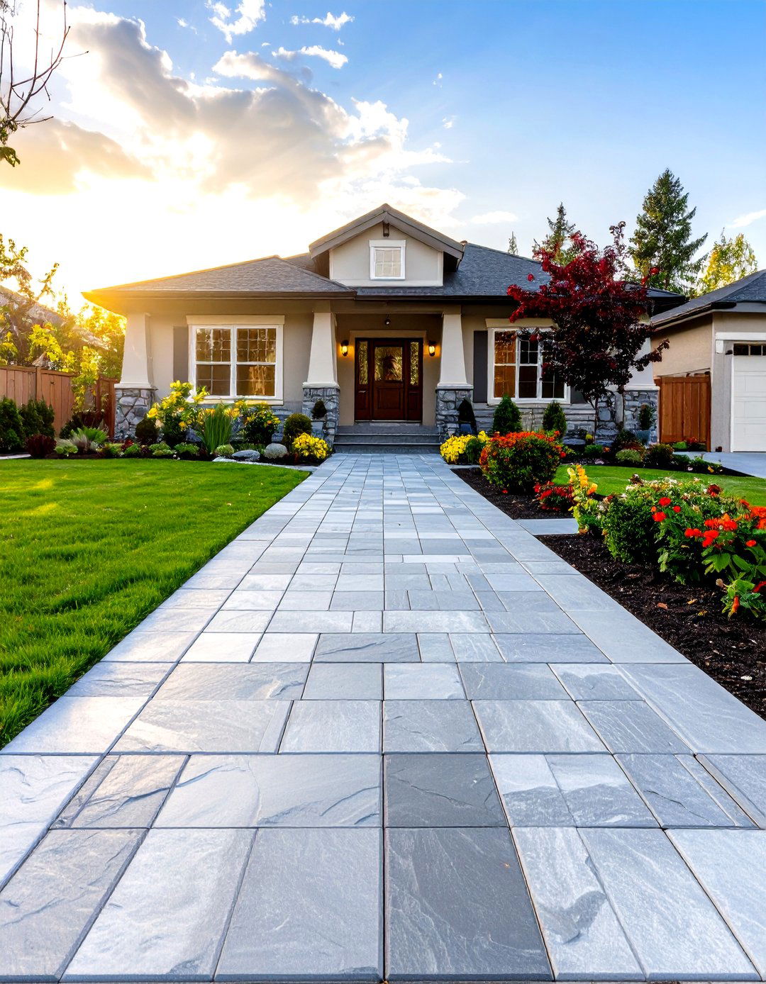 The Stamped Concrete Walkway - 30 front walkway landscaping ideas