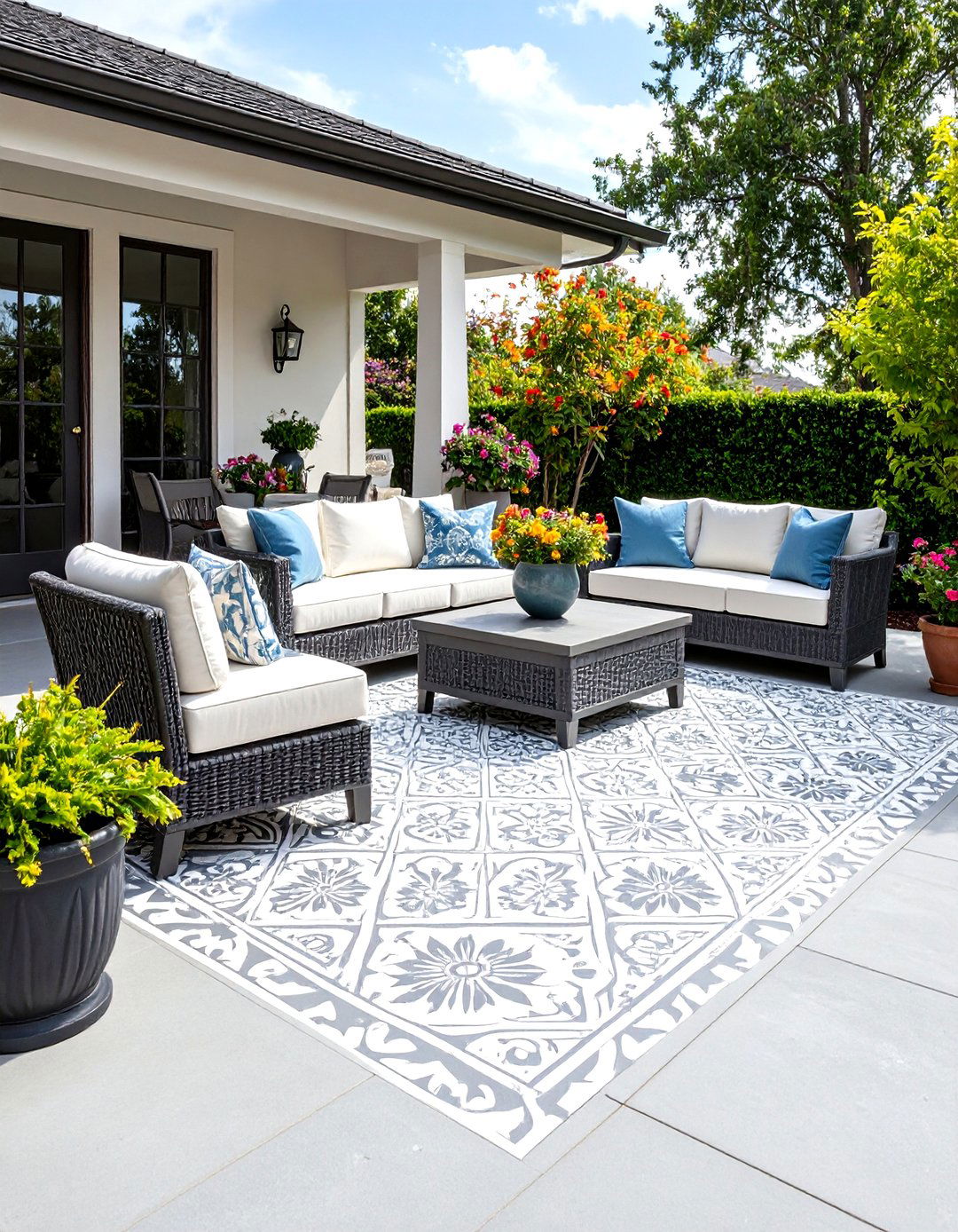 The Stenciled Concrete Floor Patio - 30 diy patio ideas on a budget