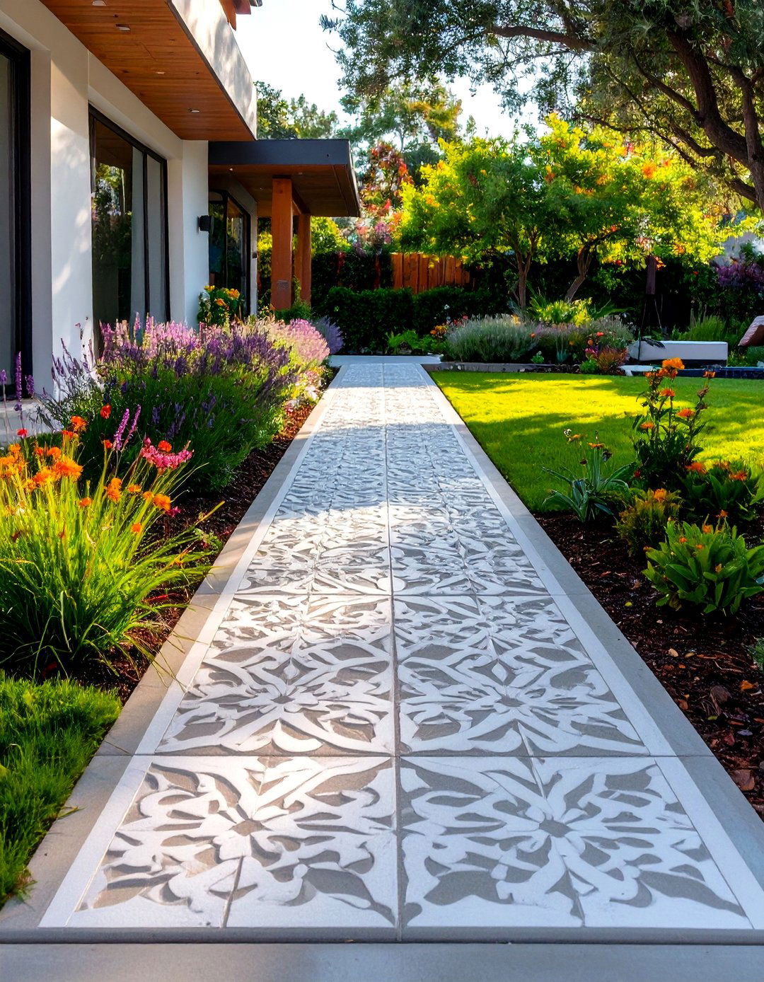 The Stenciled Concrete Walkway - 30 modern backyard ideas on a budget
