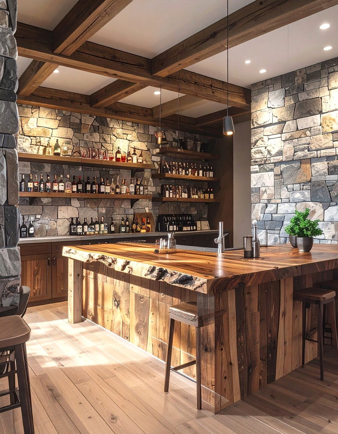 The Stone Accent Wall Bar - 30 basement bar designs