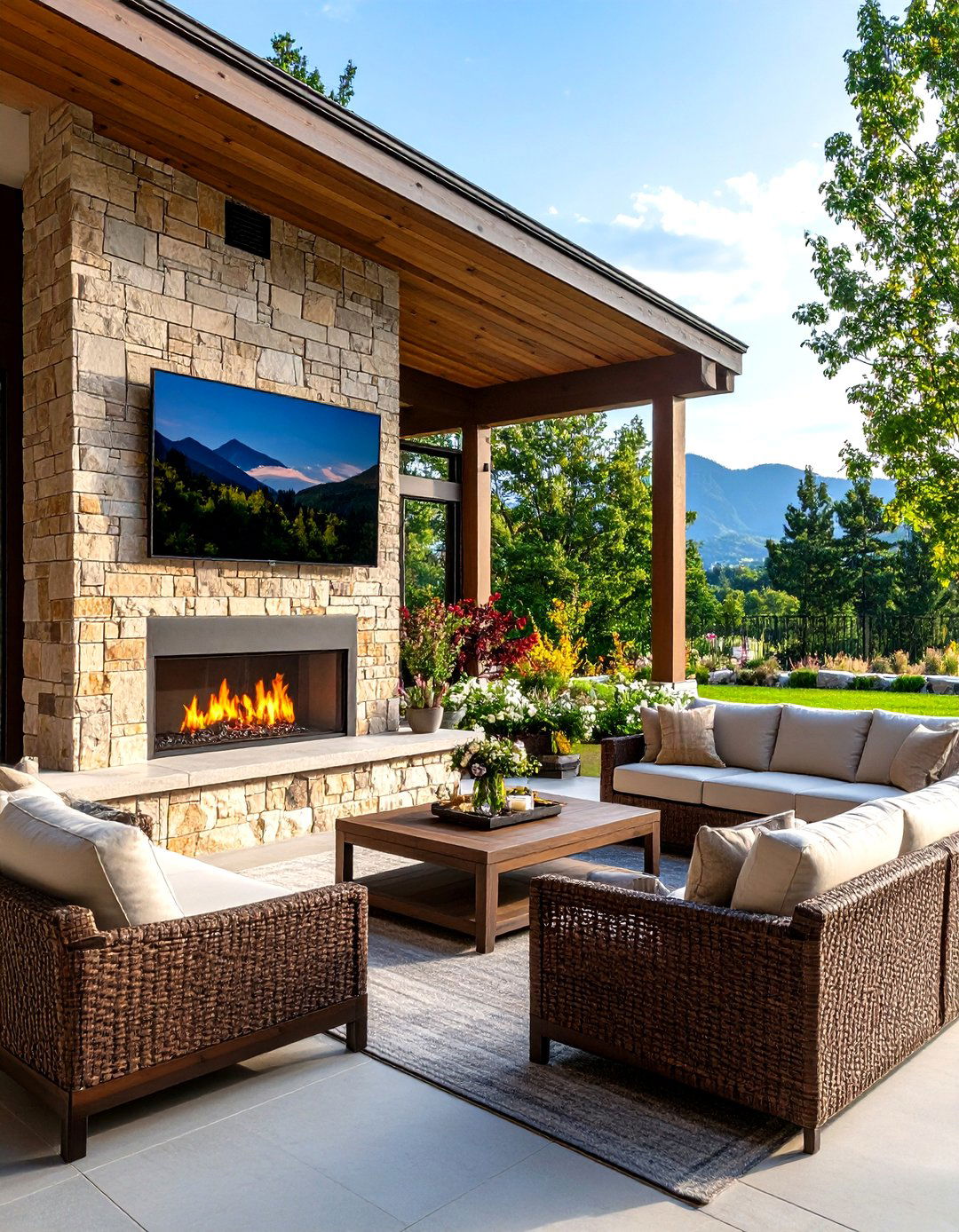 The Stone Veneer Fireplace Overmantel TV - 30 diy outdoor tv ideas