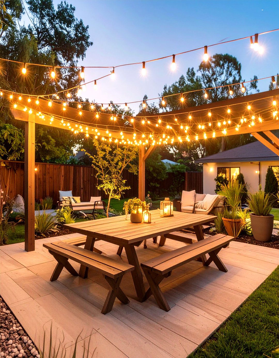 The String Light Canopy Dining Area - 30 modern backyard ideas on a budget