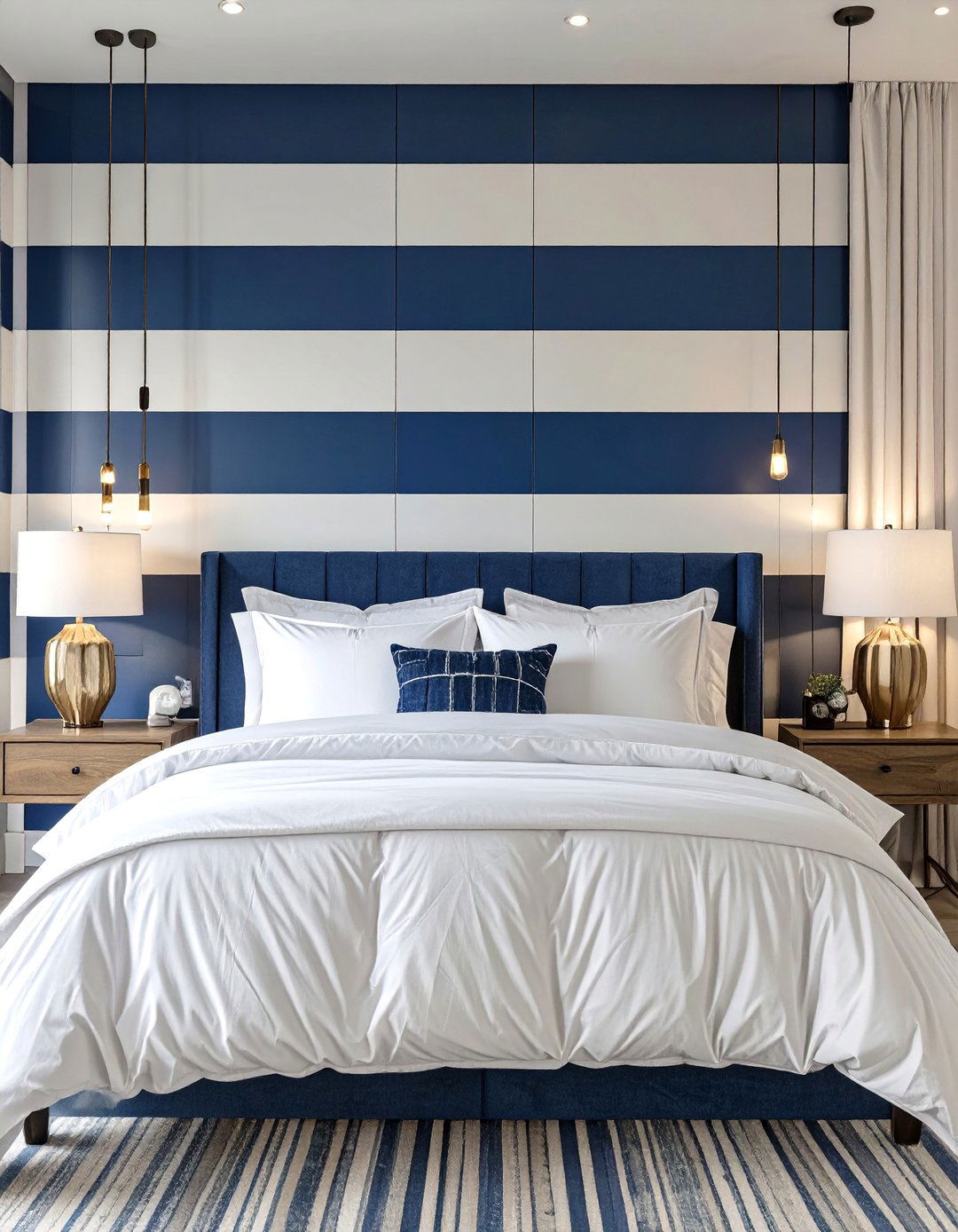The Striped Statement Bedroom - 30 blue and white bedroom ideas