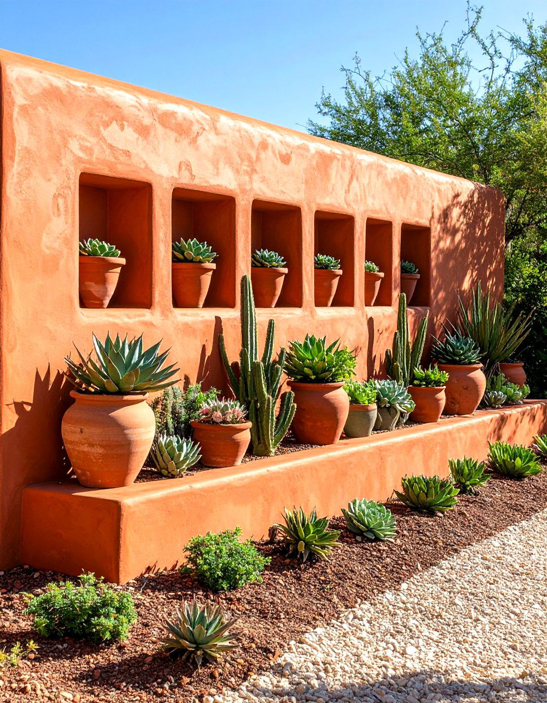 The Stucco Finished Garden Wall with Niches - 30 garden retaining wall ideas