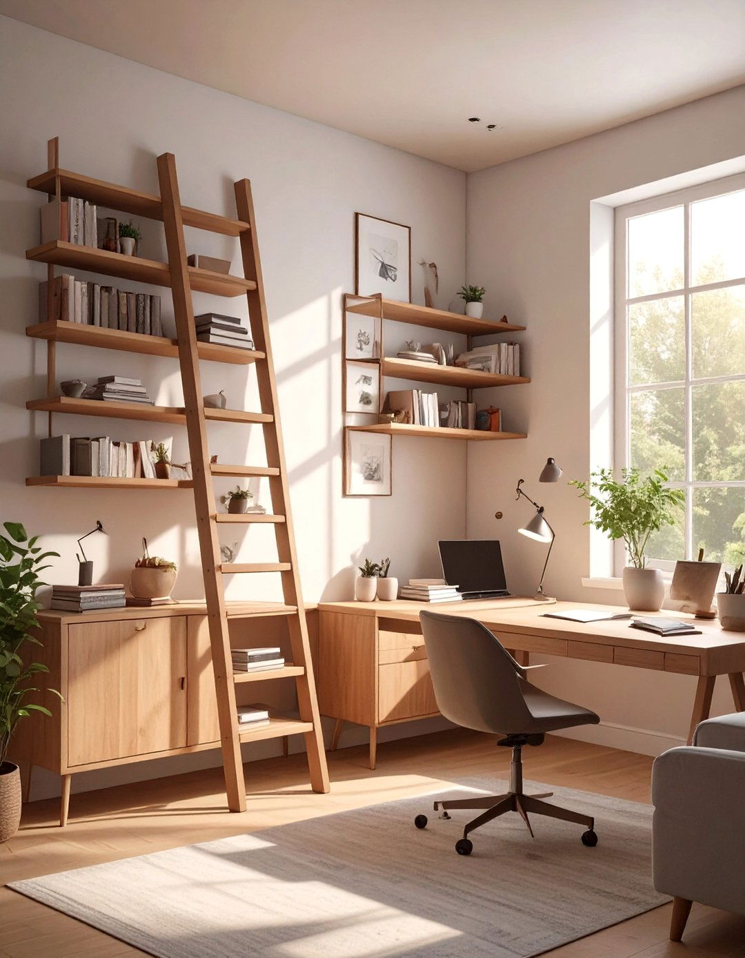 The Study with a Leaning Ladder Shelf - 30 asymmetrical balance in interior design ideas