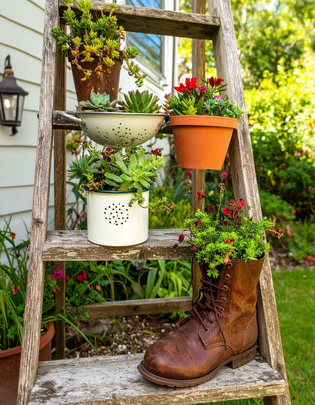 The Succulent Garden in Repurposed Containers - 30 budget backyard ideas