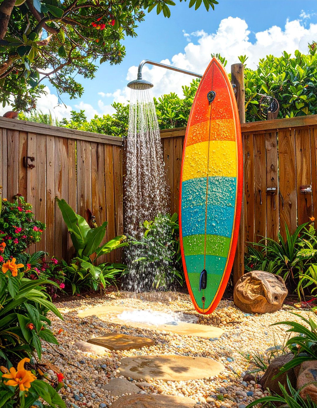 The Surfboard Shower Statement - 30 backyard outdoor shower ideas