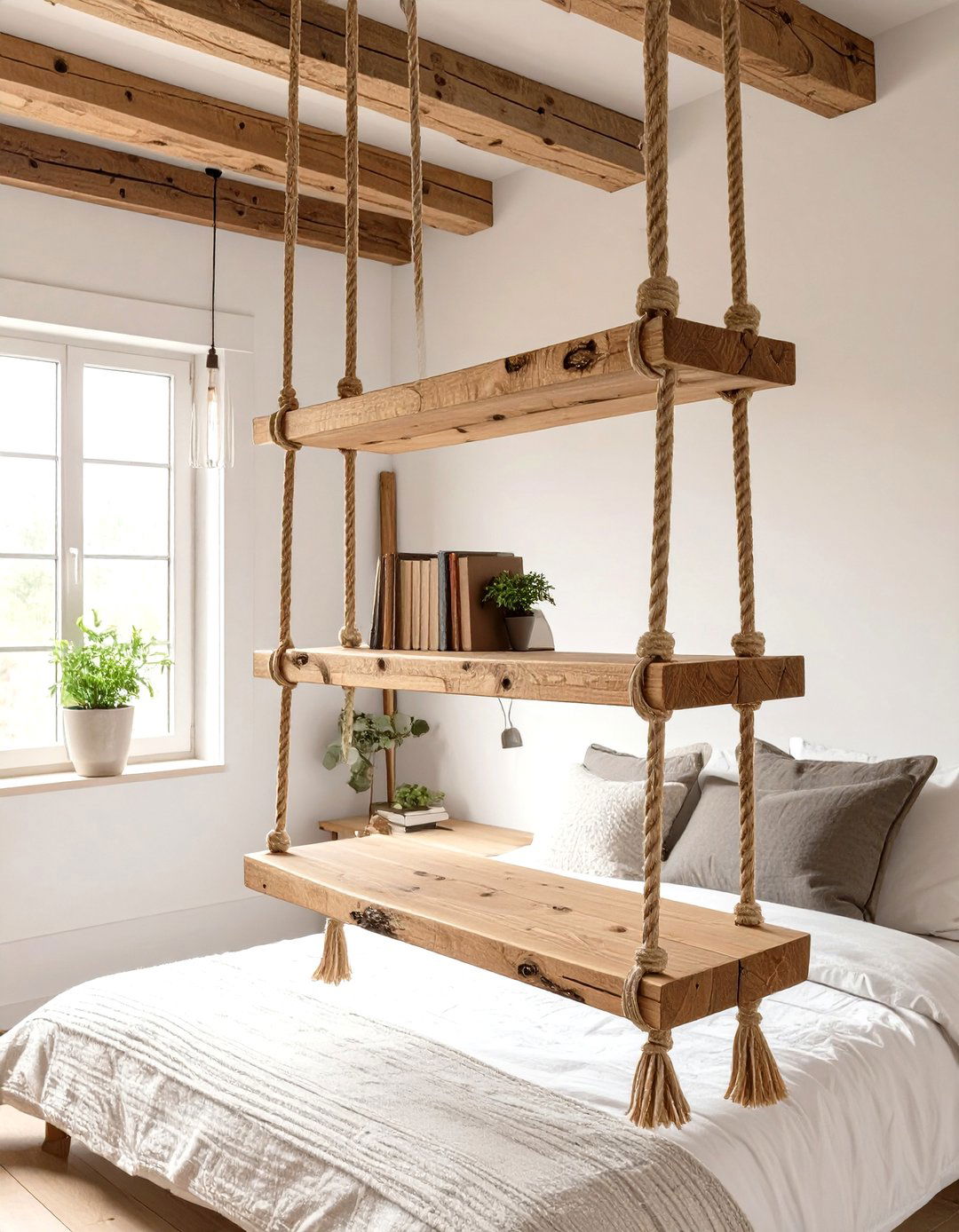 The Suspended Rope Bedroom Bookshelf - 30 bedroom bookshelf ideas