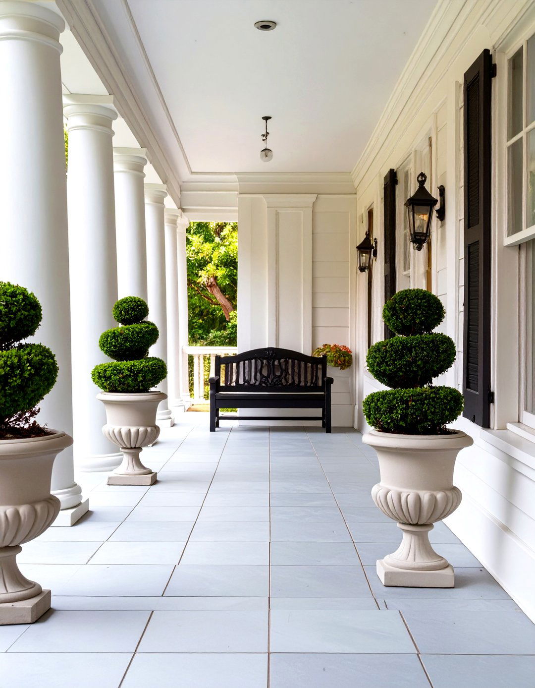 The Symmetrical Topiary Garden Front Porch - 30 long narrow front porch decorating ideas