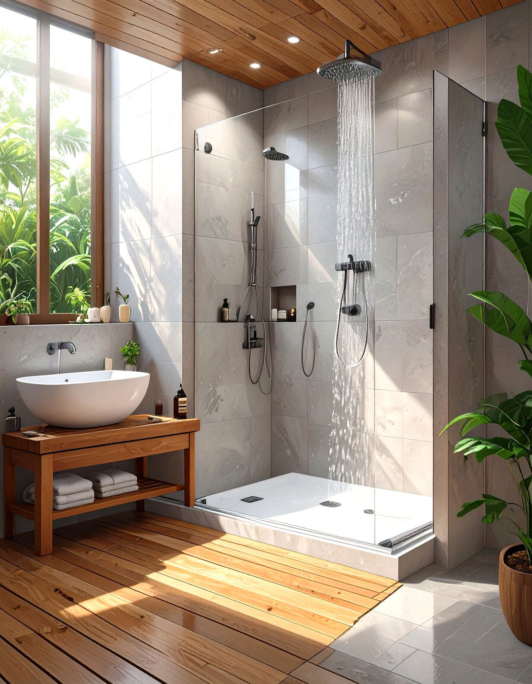 The Teak Wood Accents Walk in Shower - 30 master bathroom walk in shower ideas