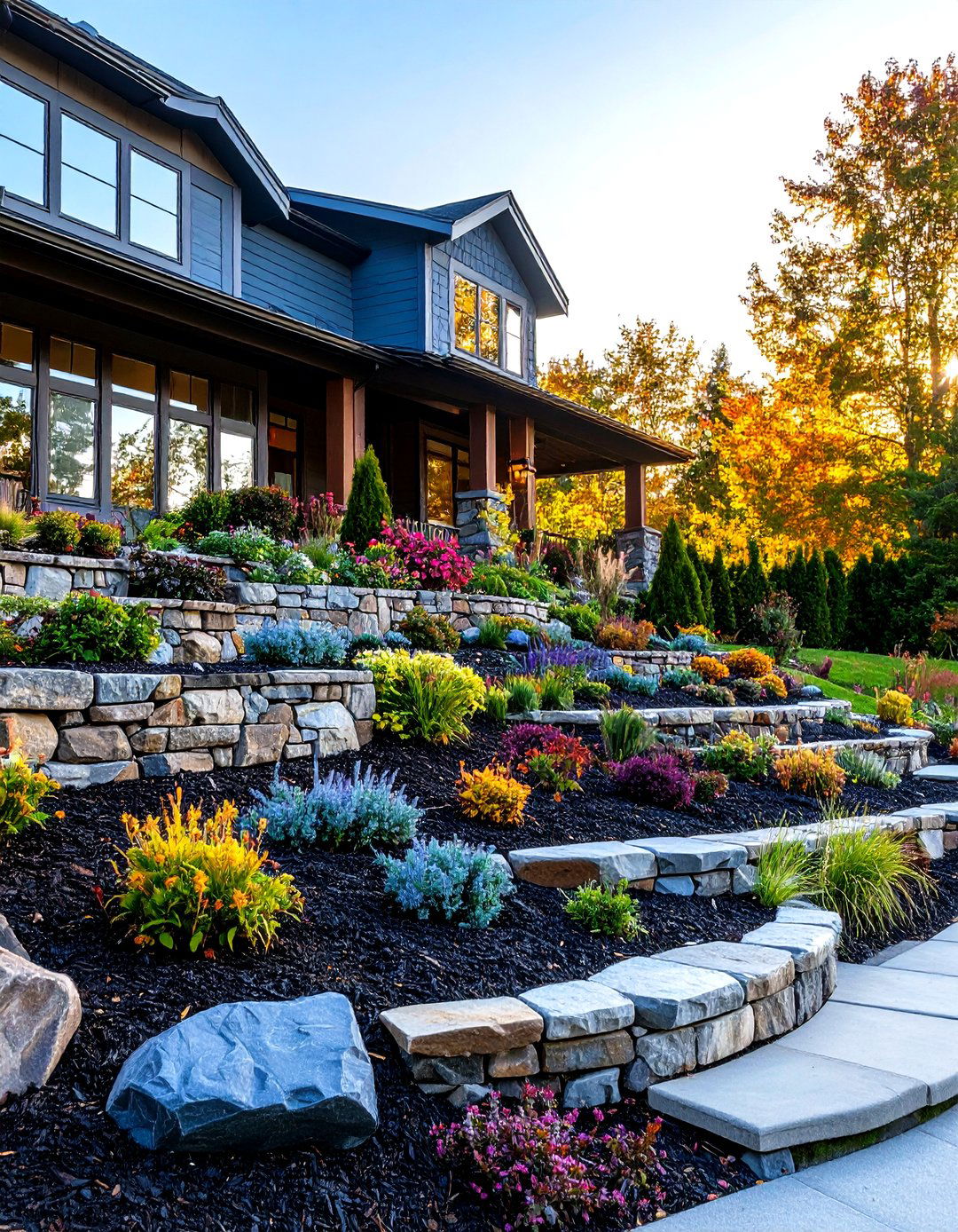 The Terraced Rock and Mulch Hillside - 30 front yard landscaping ideas with rocks and mulch