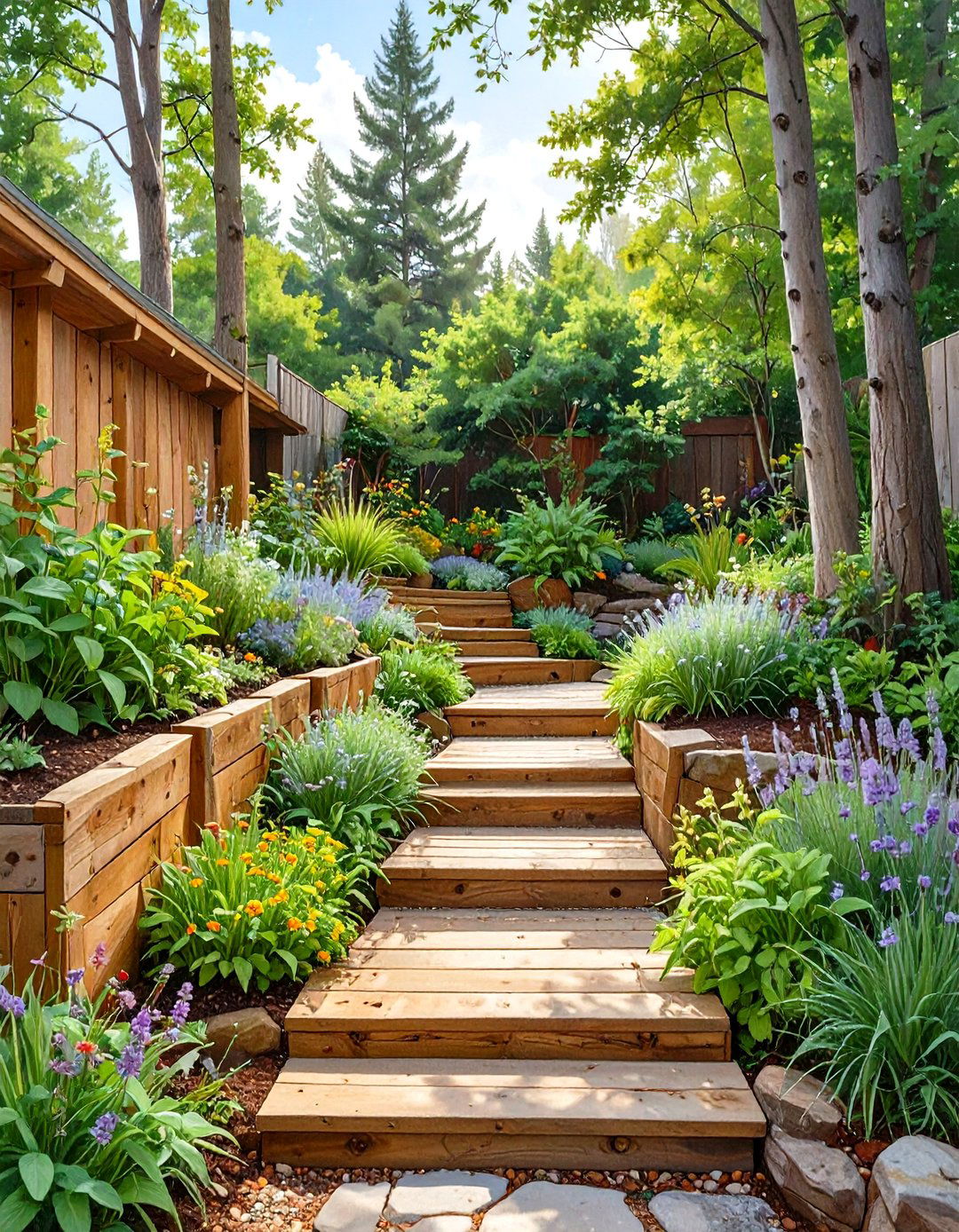 The Terraced Timber Walkway - 30 exterior basement entrance ideas
