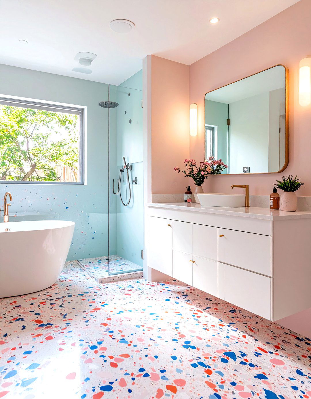 The Terrazzo Floored Bathroom Fun - 30 limited space small bathroom designs with shower