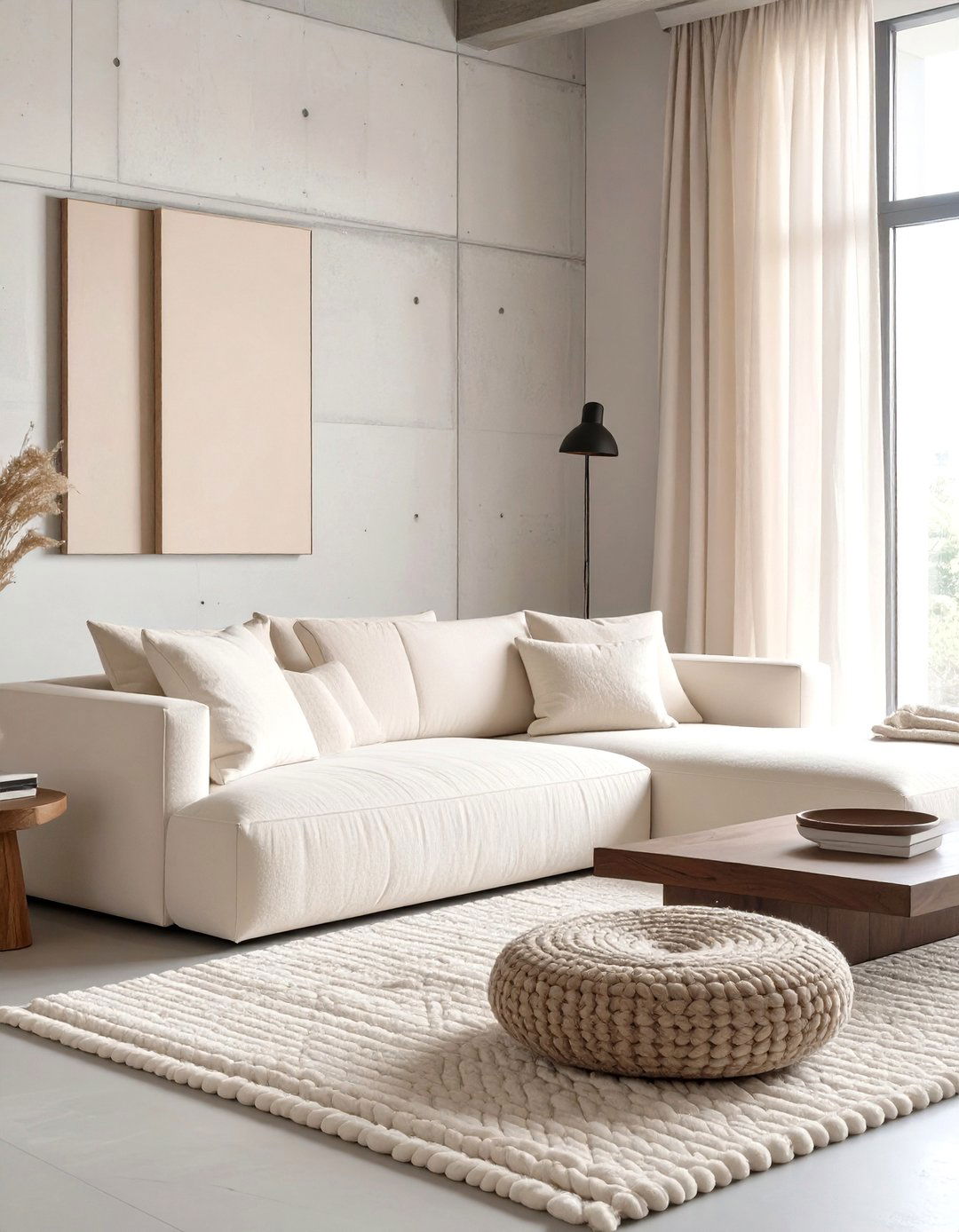 The Textured Fabric and Concrete Living Area - 30 brutalist interior design ideas