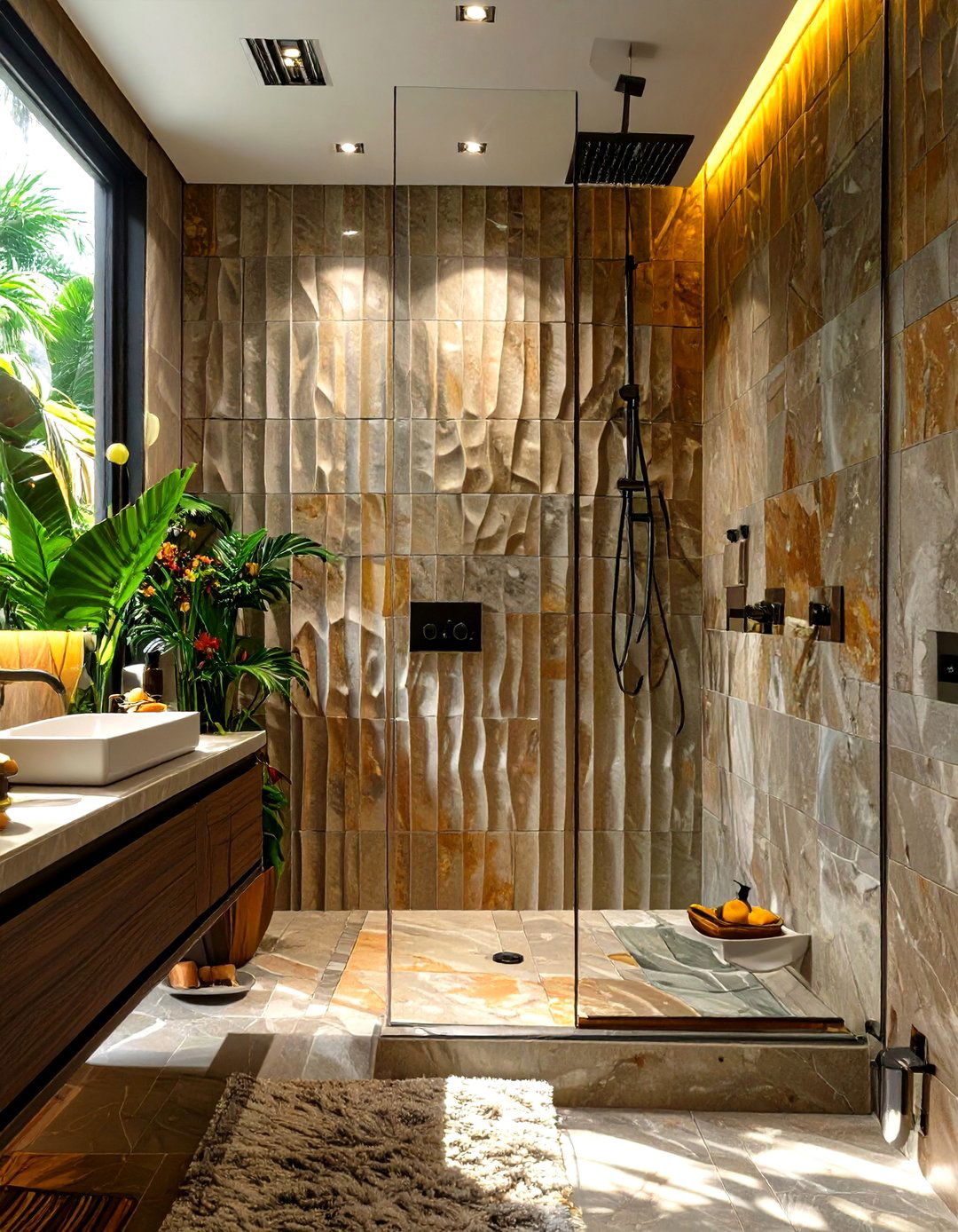 The Textured Wall Curbless Shower - 30 curbless shower ideas