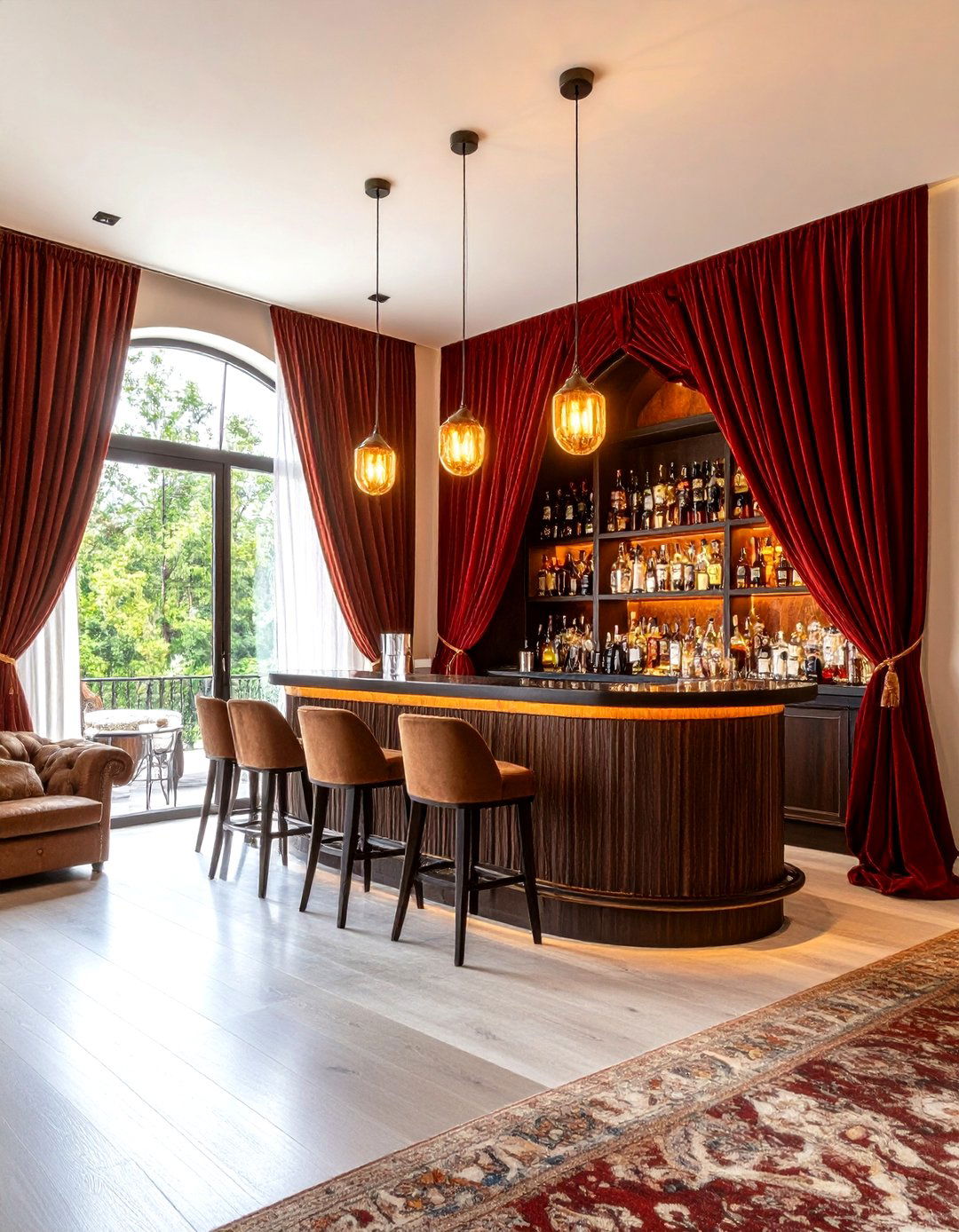 The Theatrical Curtain Reveal Bar - 30 living room bar ideas