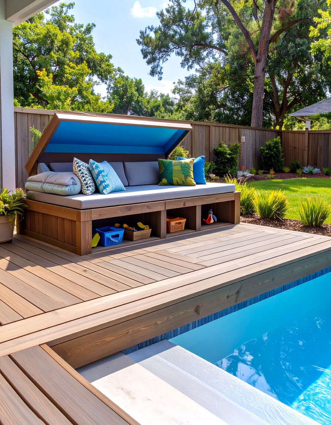 The Tiered Deck with Storage - 30 above ground pool deck ideas on a budget