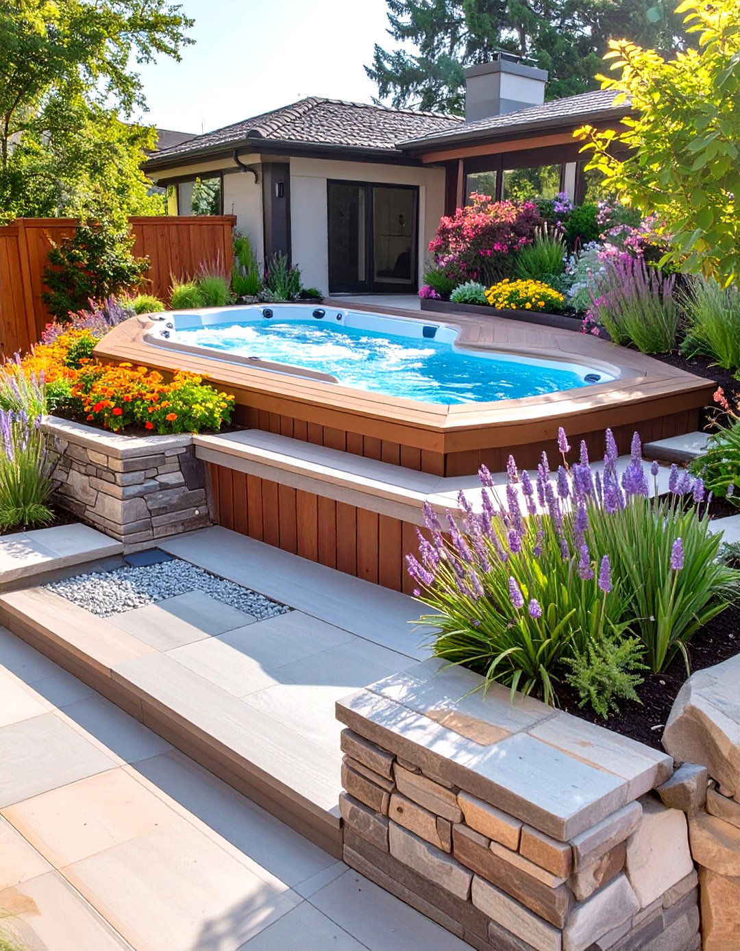 The Tiered Garden Deck - 30 backyard swim spa deck ideas