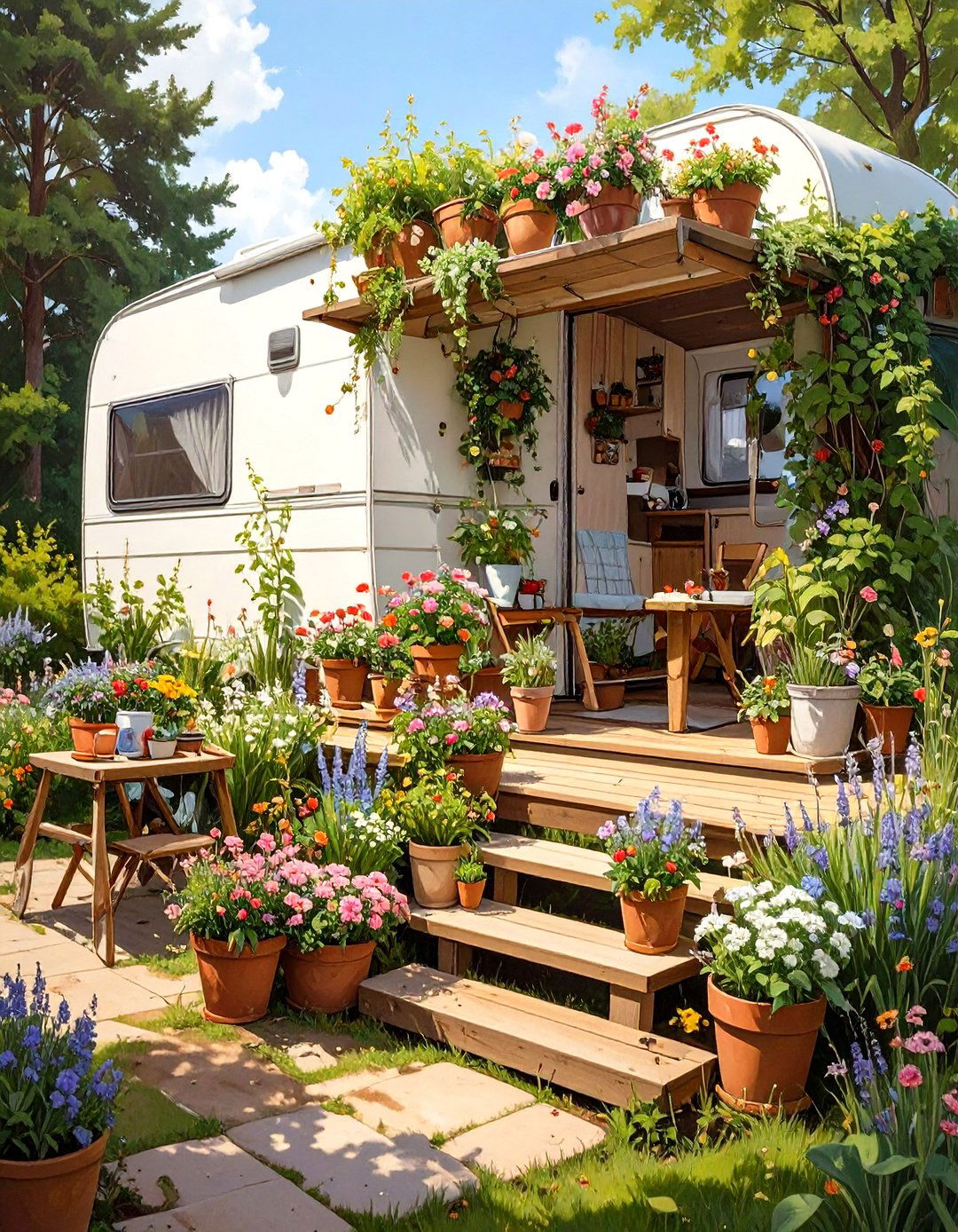 The Tiered Garden Deck - 30 diy camper deck ideas