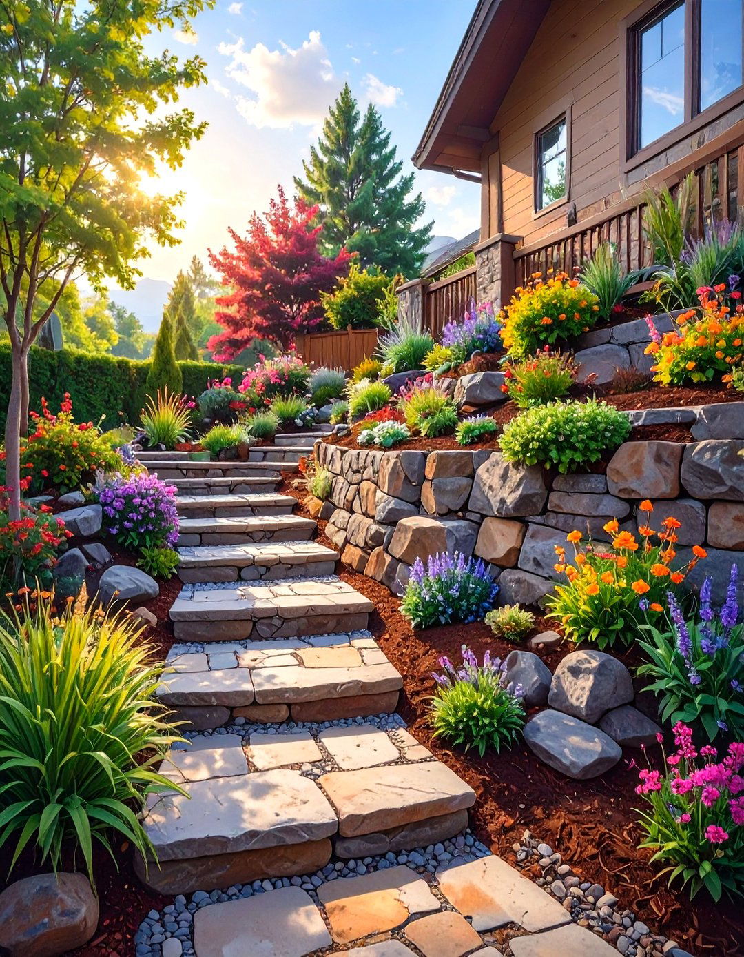 The Tiered Garden on a Sloped Yard - 30 low maintenance front yard landscaping ideas with rocks and mulch