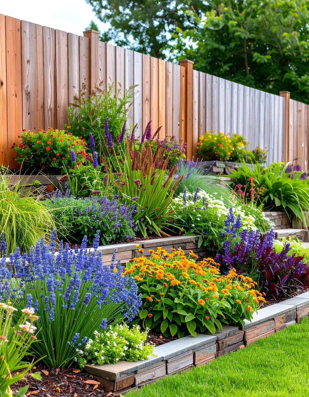 The Tiered Retaining Wall Garden - 30 fence line landscaping ideas
