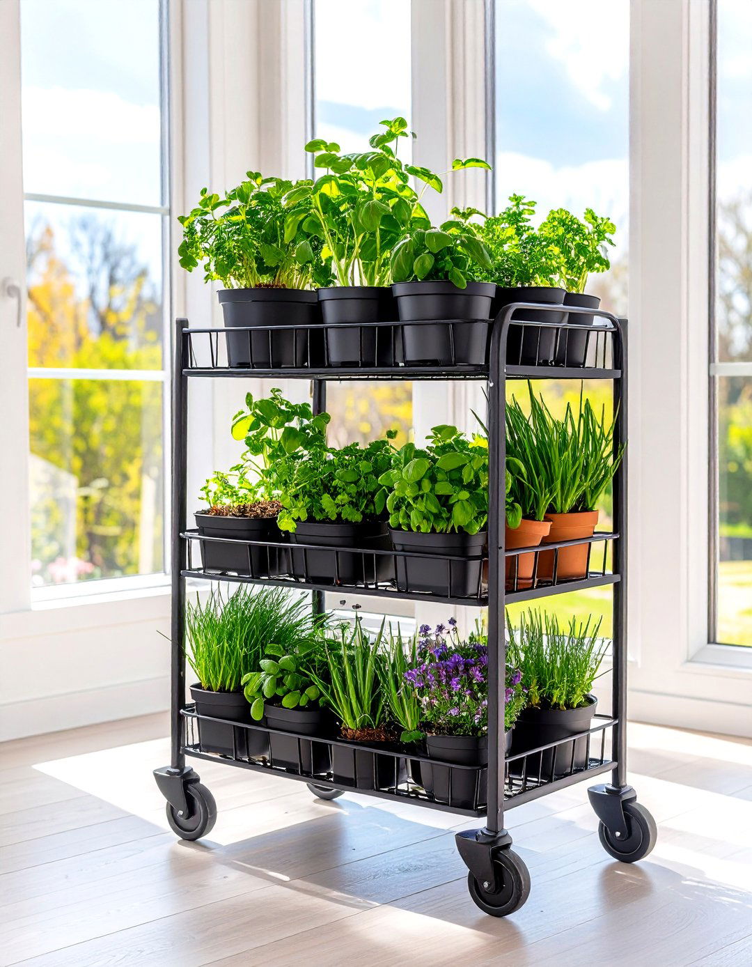 The Tiered Rolling Cart Herb Garden - 30 indoor herb garden ideas