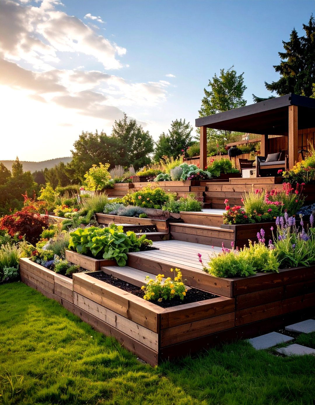 The Tiered Timber Sleeper Garden Wall - 30 garden retaining wall ideas