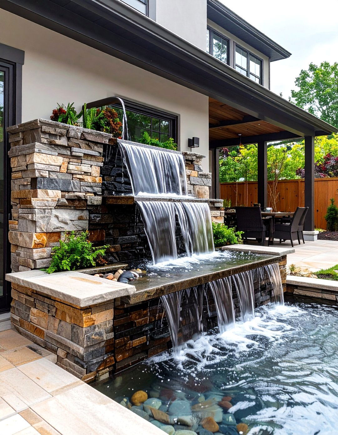 The Tiered Water Feature Wall - 30 backyard hardscape ideas