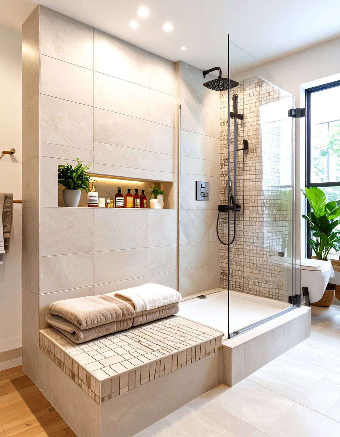 The Tiled Niche and Bench Combination - 30 doorless walk-in shower ideas