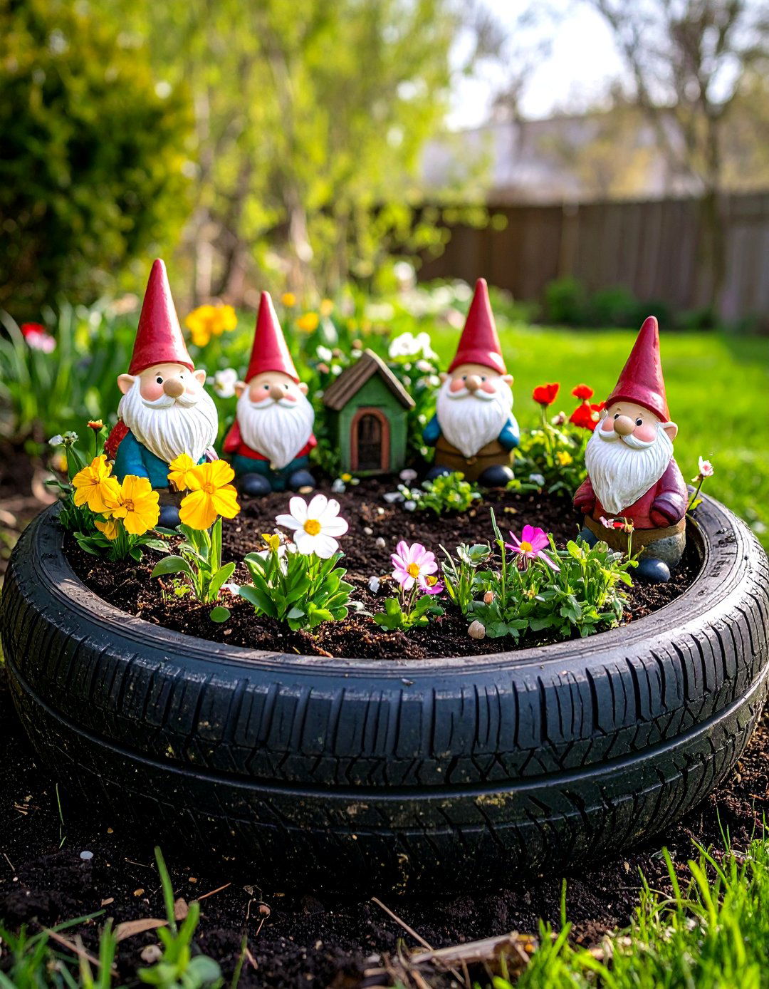 The Tire Garden Gnome Village - 30 gnome garden ideas