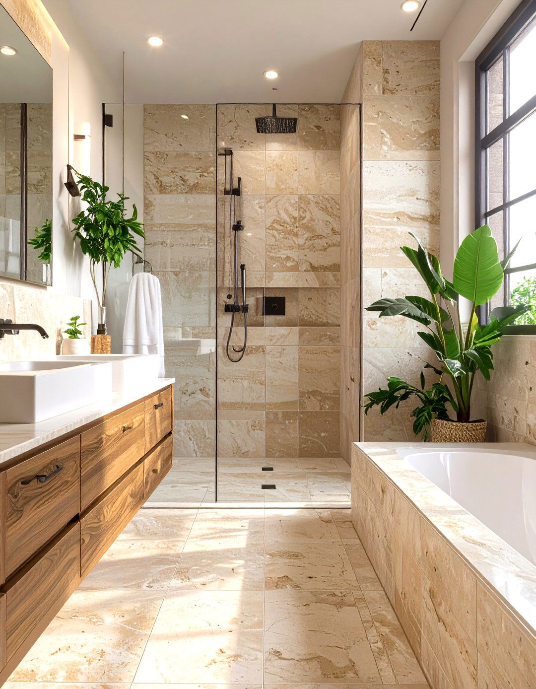 The Travertine Tile Curbless Shower - 30 curbless shower ideas