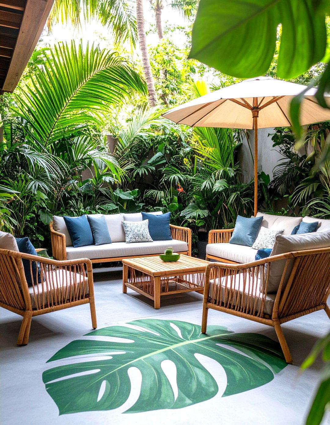The Tropical Leaf Stencil Patio - 30 inexpensive ways to cover concrete patio ideas