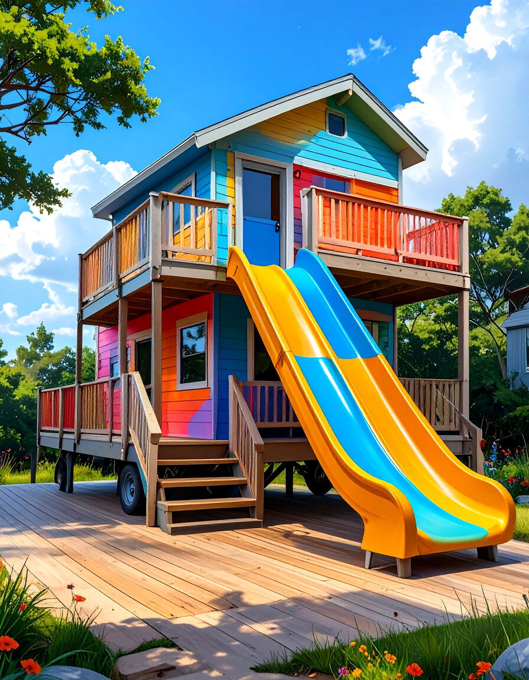 The Two Tier Deck with a Slide - 30 diy camper deck ideas