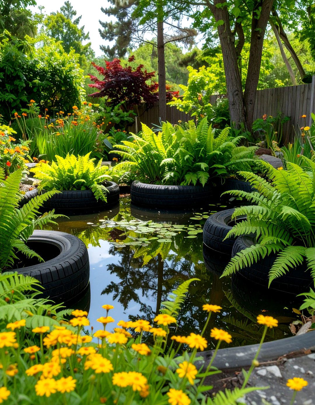 The Tyre Garden Pond Surround - 30 creative landscape tyre garden designs