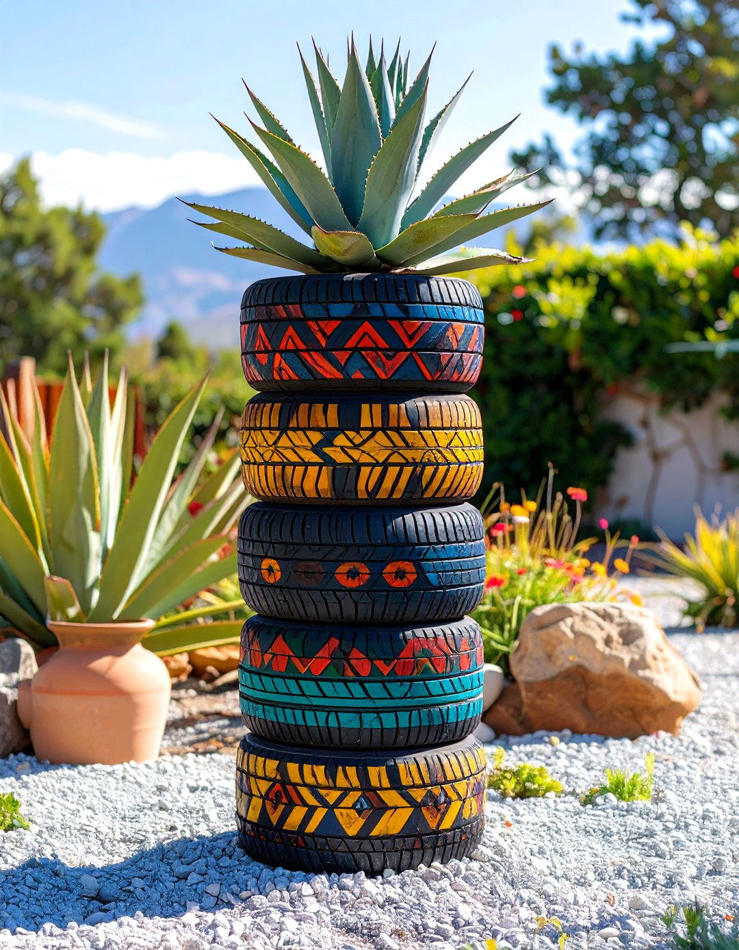 The Tyre Garden Totem Pole Planters - 30 creative landscape tyre garden designs