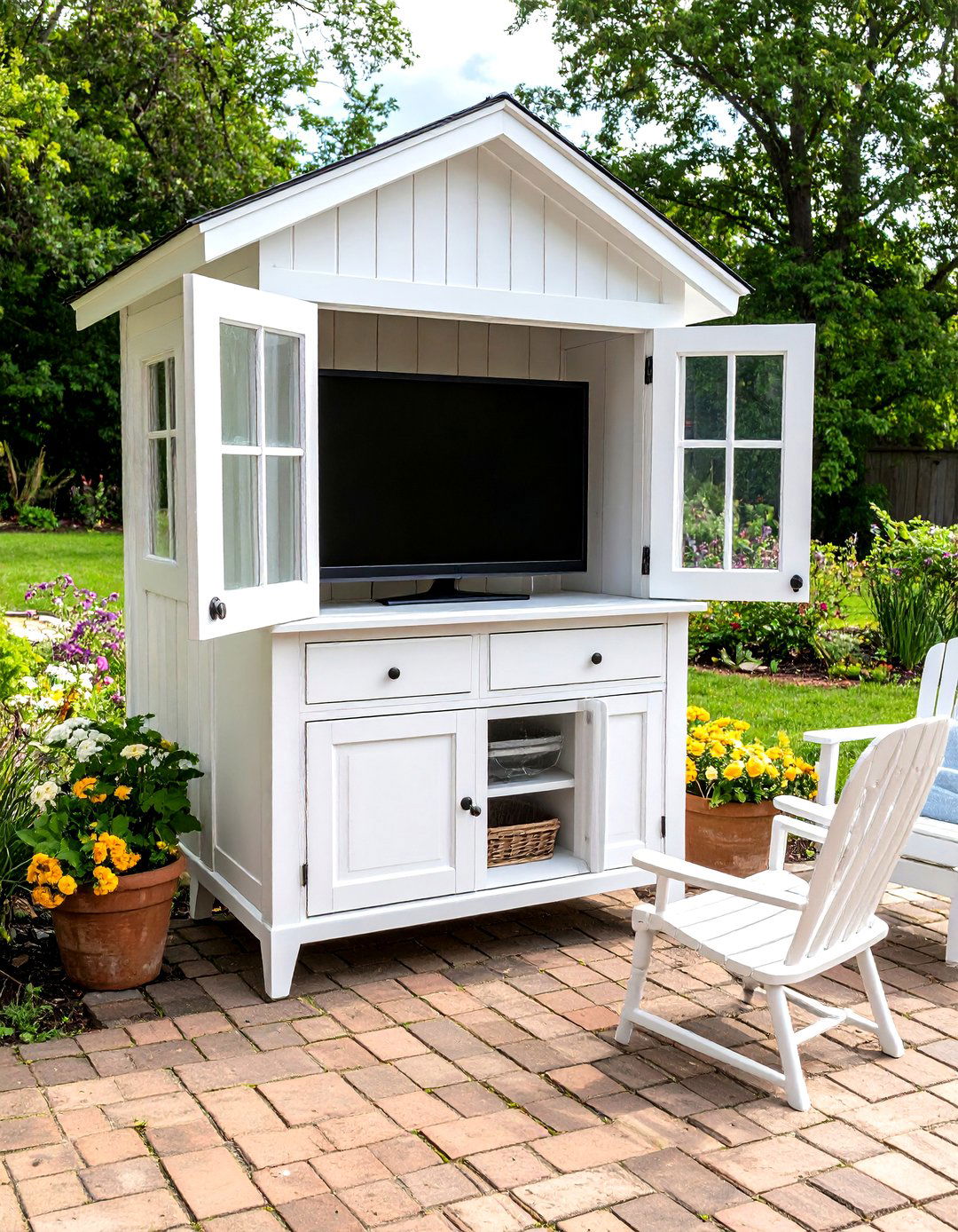 The Upcycled Cabinet Farmhouse TV Hutch - 30 diy outdoor tv ideas