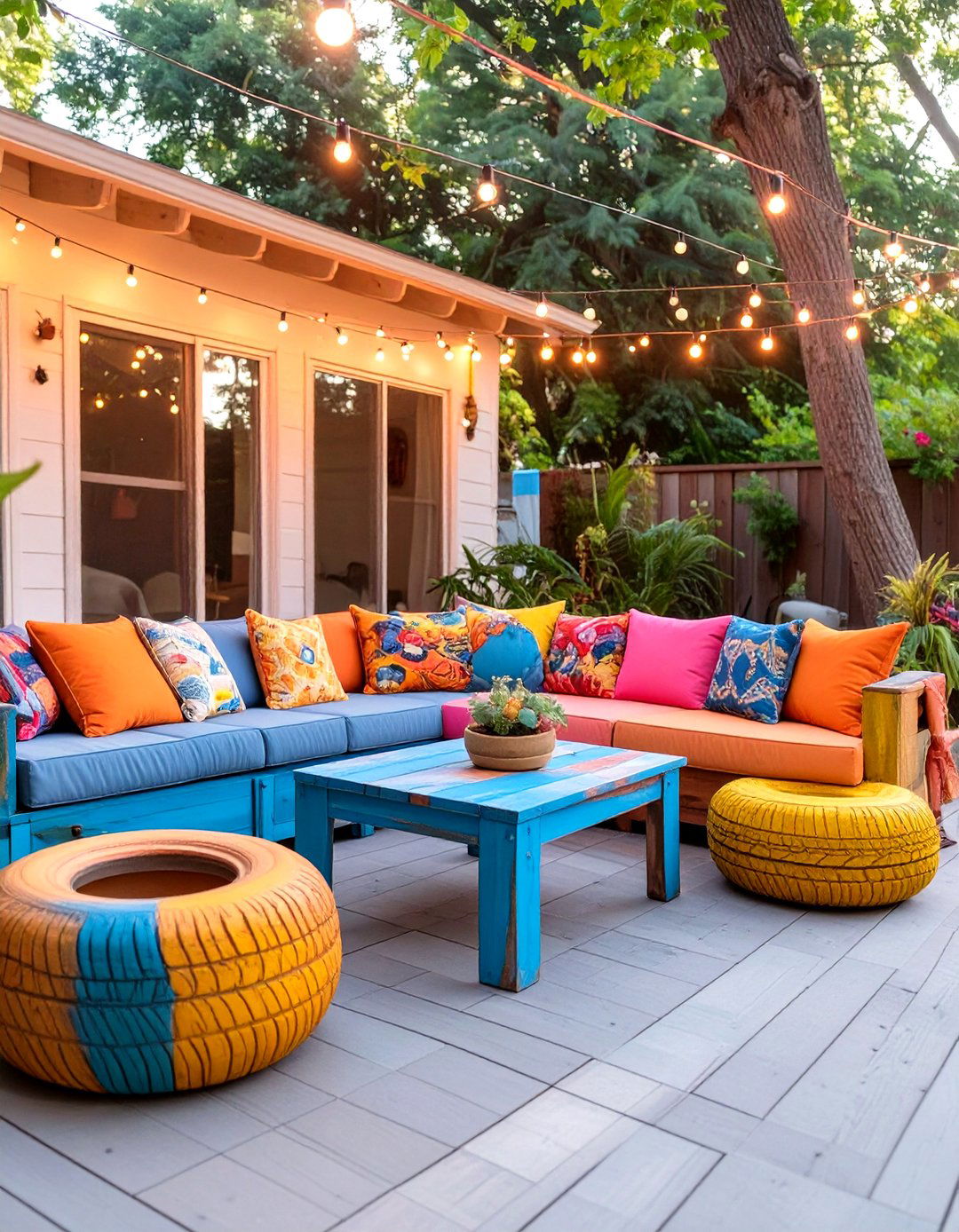 The Upcycled Tire Furniture Deck - 30 deck ideas on a budget