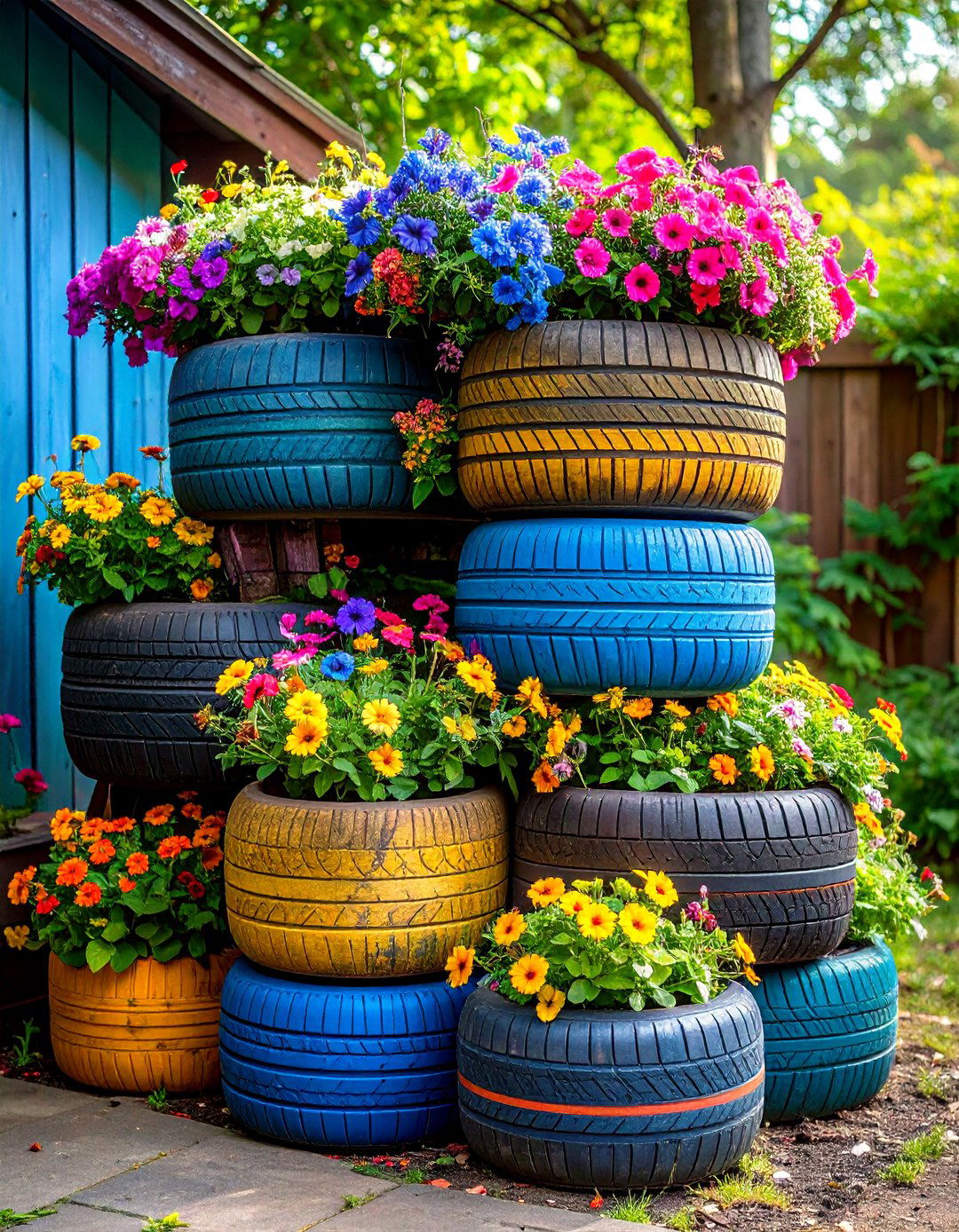 The Upcycled Tire Planter Display - 30 inexpensive landscaping ideas