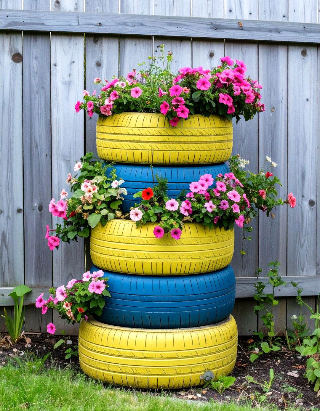 The Upcycled Tire Planter Garden - 30 cheap landscaping ideas