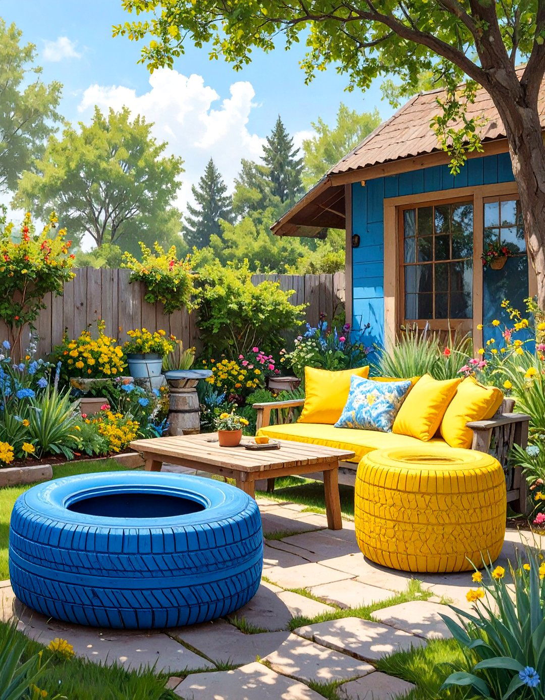 The Upcycled Tire Seating Area - 30 backyard patio ideas on a budget