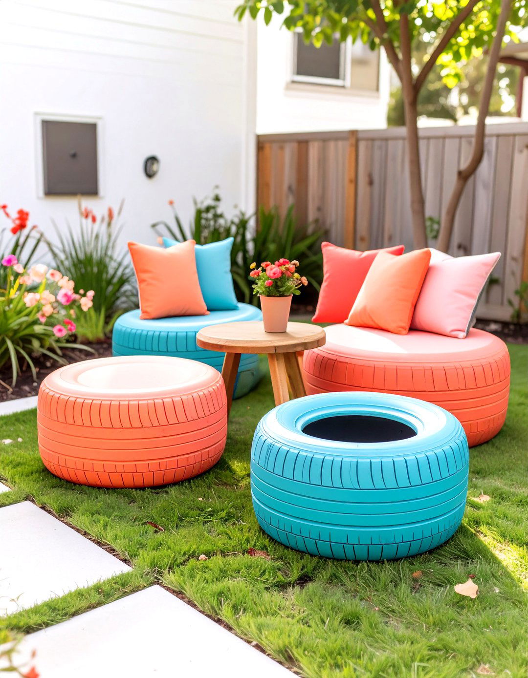The Upcycled Tire Seating Area - 30 cheap backyard makeover ideas