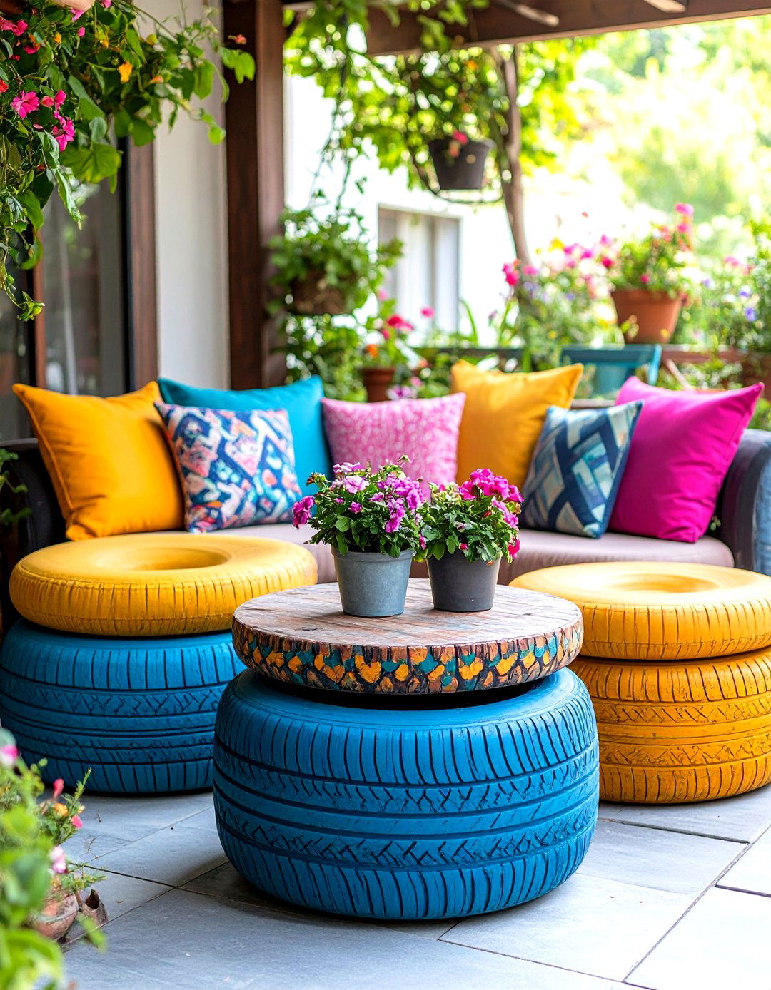 The Upcycled Tire Seating Area - 30 diy patio ideas on a budget