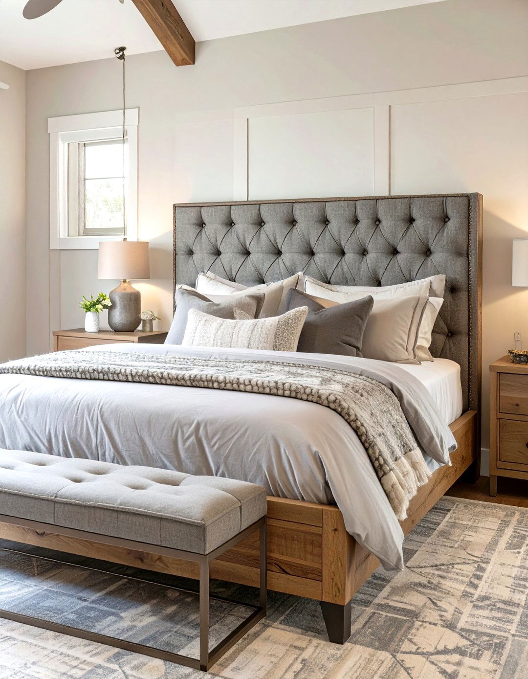 The Upholstered Headboard - 30 modern farmhouse bedroom ideas